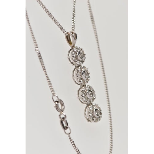 100 - A WHITE METAL DIAMOND PENDANT WITH 18CT WHITE GOLD CHAIN, the pendant designed as a series of four a... 