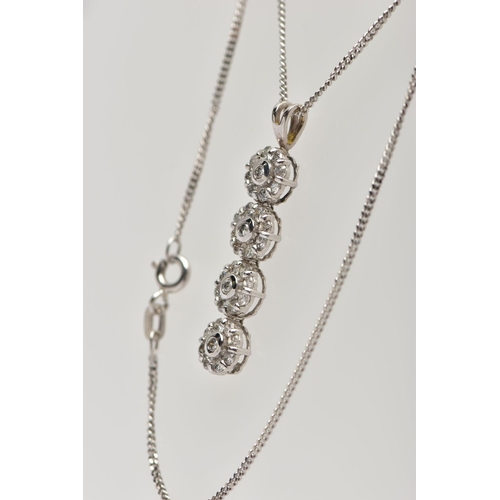 100 - A WHITE METAL DIAMOND PENDANT WITH 18CT WHITE GOLD CHAIN, the pendant designed as a series of four a... 