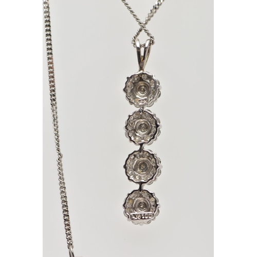 100 - A WHITE METAL DIAMOND PENDANT WITH 18CT WHITE GOLD CHAIN, the pendant designed as a series of four a... 