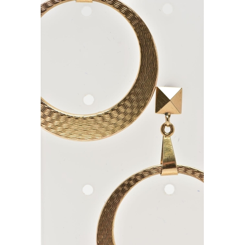 101 - A PAIR OF 9CT YELLOW GOLD HOOP EARRINGS, each suspending an engine turned pattern hoop, hallmarked 9... 