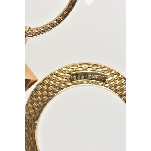 101 - A PAIR OF 9CT YELLOW GOLD HOOP EARRINGS, each suspending an engine turned pattern hoop, hallmarked 9... 