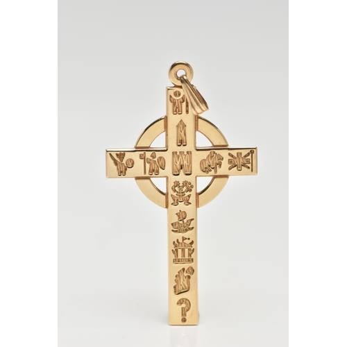 102 - A 9CT YELLOW GOLD CELTIC CROSS PENDANT, engraved symbols to the front, hallmarked 9ct Dublin, fitted... 