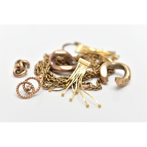 104 - AN ASSORTMENT OF 9CT GOLD AND YELLOW METAL SCRAP, to include a single 9ct gold earring, hallmarked 9... 