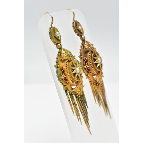 108 - A PAIR OF MID 19TH CENTURY ETRUSCAN STYLE EARRINGS, yellow metal Victorian drop earrings, fish hook ... 