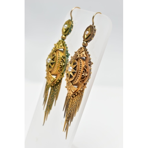 108 - A PAIR OF MID 19TH CENTURY ETRUSCAN STYLE EARRINGS, yellow metal Victorian drop earrings, fish hook ... 