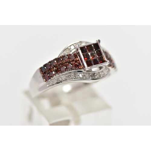 109 - A 9CT WHITE GOLD DIAMOND DRESS RING, the calibre cut brown diamond central cluster, with brilliant c... 