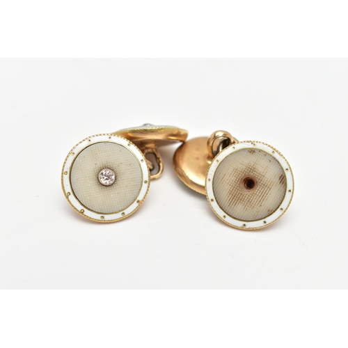 113 - A PAIR OF FRENCH 18CT GOLD, DIAMOND AND ENAMEL CUFFLINKS, AF missing one diamond, each fitted with t... 