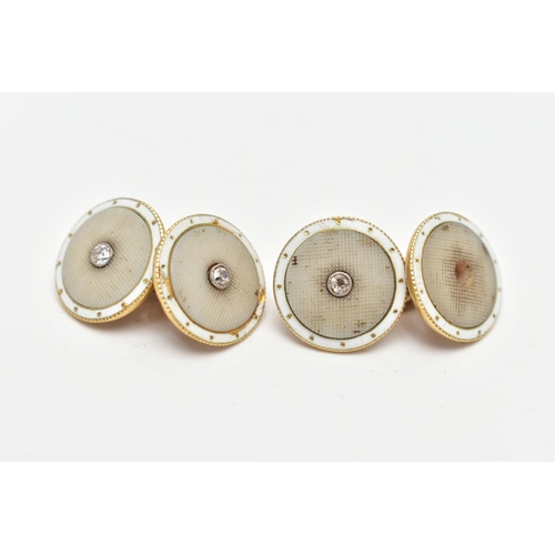 113 - A PAIR OF FRENCH 18CT GOLD, DIAMOND AND ENAMEL CUFFLINKS, AF missing one diamond, each fitted with t... 