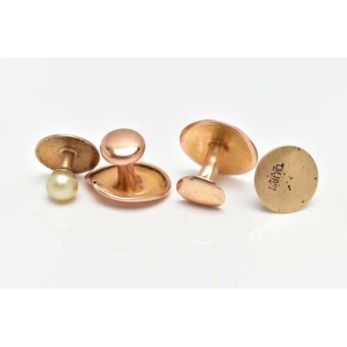 114 - TWO 15CT GOLD CUFFLINKS AND A PAIR OF YELLOW METAL CULTURED PEARL CUFFLINKS, the first a 15ct polish... 