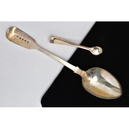 116 - AN EARLY VICTORIAN SILVER FIDDLE PATTERN SPOON AND A PAIR OF SUGAR TONGS, polished fiddle pattern sp... 