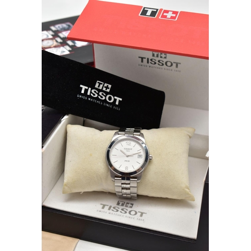 117 - A BOXED TISSOT WRISTWATCH,  round silver dial signed Tissot 1853, PR50, Arabic twelve and six nume... 