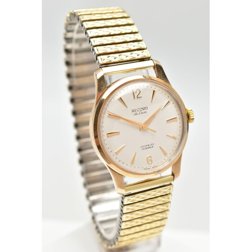 118 - A 9CT GOLD RECORD DE LUXE WRISTWATCH, manual wind (needs attention), round white dial signed Reco... 