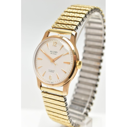 118 - A 9CT GOLD RECORD DE LUXE WRISTWATCH, manual wind (needs attention), round white dial signed Reco... 