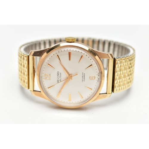 118 - A 9CT GOLD RECORD DE LUXE WRISTWATCH, manual wind (needs attention), round white dial signed Reco... 