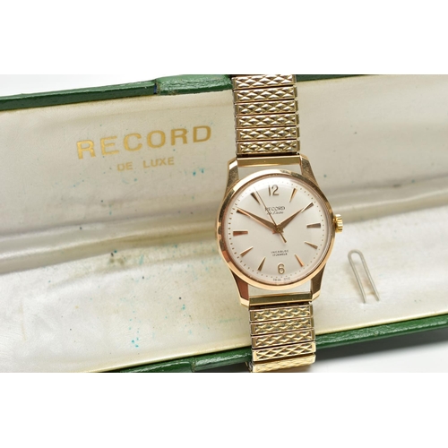 118 - A 9CT GOLD RECORD DE LUXE WRISTWATCH, manual wind (needs attention), round white dial signed Reco... 