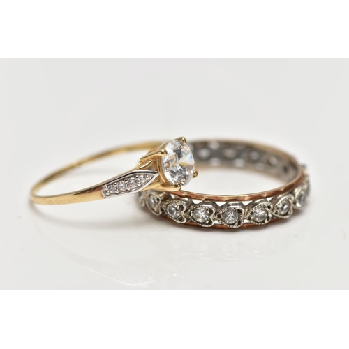 120 - A 9CT GOLD CUBIC ZIRCONIA SET RING AND A FULL ETERNITY RING, the 9ct yellow gold ring set with a cen... 