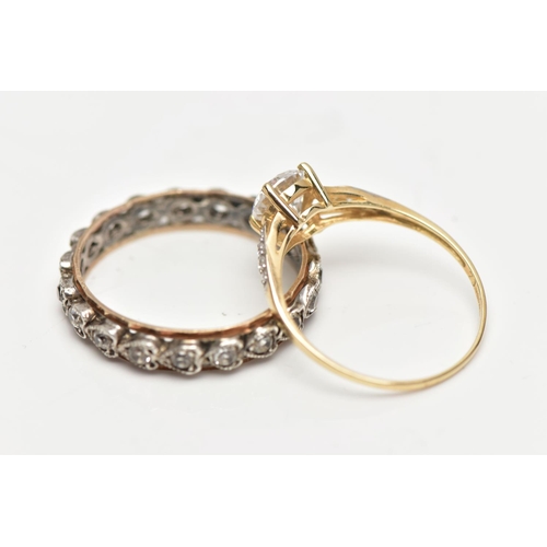 120 - A 9CT GOLD CUBIC ZIRCONIA SET RING AND A FULL ETERNITY RING, the 9ct yellow gold ring set with a cen... 