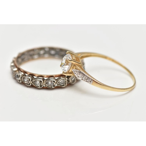 120 - A 9CT GOLD CUBIC ZIRCONIA SET RING AND A FULL ETERNITY RING, the 9ct yellow gold ring set with a cen... 