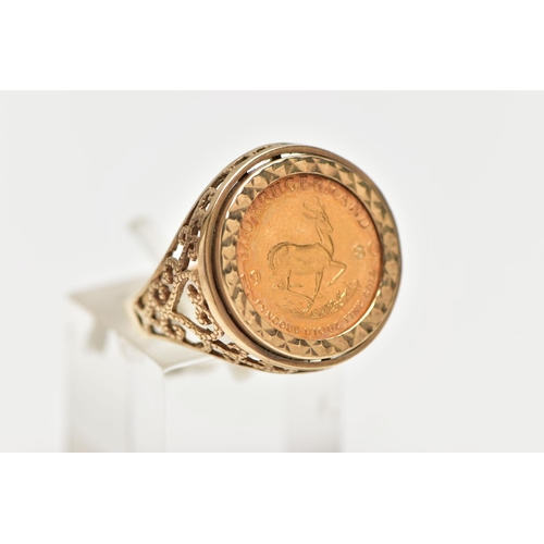 122 - A 9CT GOLD RING MOUNTED WITH A 1/10 OZ KRUGERRAND, the 1/10oz Krugerrand coin dated 1980, mounted wi... 