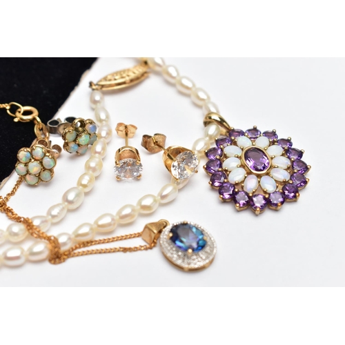 125 - TWO 9CT YELLOW GOLD GEM SET NECKLACES AND TWO PAIRS OF YELLOW METAL EARRINGS, to include a mystic to... 