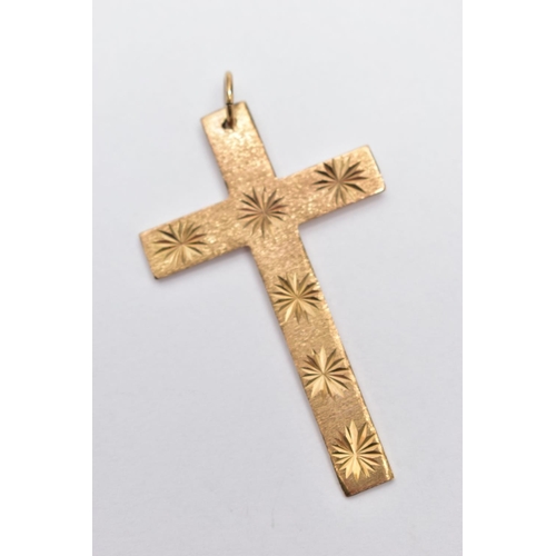 126 - A 9CT GOLD CROSS PENDANT, the cross with engraved star accents, hallmarked 9ct gold London, 1978, ap... 