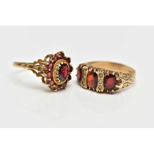 128 - TWO 9CT GOLD GARNET RINGS, to included a garnet three stone ring set with three oval cut garnets, in... 