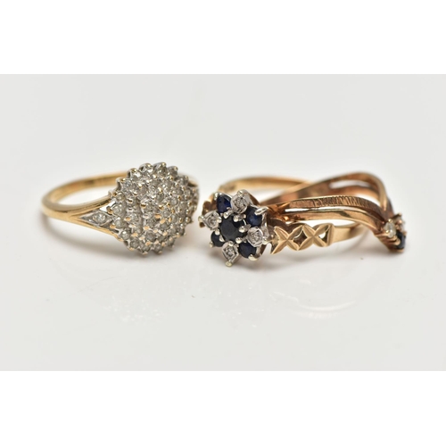 130 - THREE 9CT GOLD DIAMOND AND GEM SET RINGS, to include a single cut diamond tiered cluster ring, estim... 