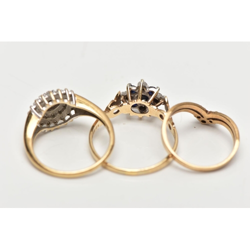 130 - THREE 9CT GOLD DIAMOND AND GEM SET RINGS, to include a single cut diamond tiered cluster ring, estim... 