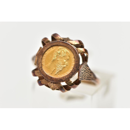 132 - A 9CT YELLOW GOLD COIN RING WITH MEXICAN COIN, the ring set with a Mexican Maximiliano coin, dated 1... 