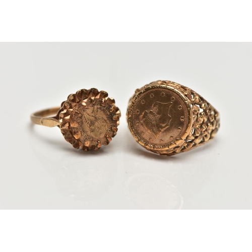 133 - TWO 9CT YELLOW GOLD RINGS, to include an imitation coin ring set within a textrued open work gallery... 