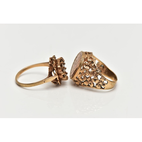 133 - TWO 9CT YELLOW GOLD RINGS, to include an imitation coin ring set within a textrued open work gallery... 