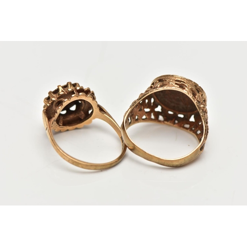 133 - TWO 9CT YELLOW GOLD RINGS, to include an imitation coin ring set within a textrued open work gallery... 