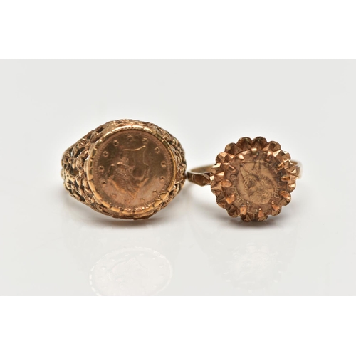 133 - TWO 9CT YELLOW GOLD RINGS, to include an imitation coin ring set within a textrued open work gallery... 