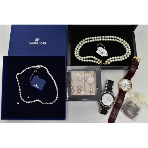 139 - A SELECTION OF WATCHES AND COSTUME JEWELLERY, to include a cased Swaroski crystal necklace and ear s... 