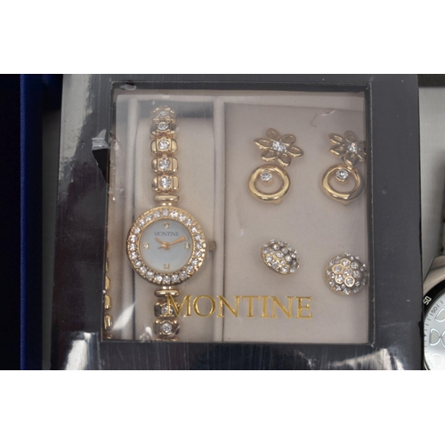 139 - A SELECTION OF WATCHES AND COSTUME JEWELLERY, to include a cased Swaroski crystal necklace and ear s... 