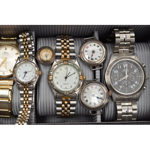 143 - TWO SILVER WATCH HEADS, A SILVER COMPASS AND ASSORTED WRISTWATCHES, two silver watch heads, hallmark... 