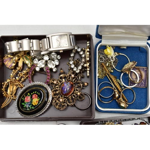 148 - A BOX OF COSTUME JEWELLERY, CUTLERY AND OTHER ITEMS, to include a  pair of carved mother of pearl dr... 