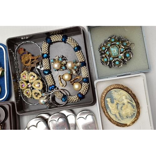 148 - A BOX OF COSTUME JEWELLERY, CUTLERY AND OTHER ITEMS, to include a  pair of carved mother of pearl dr... 