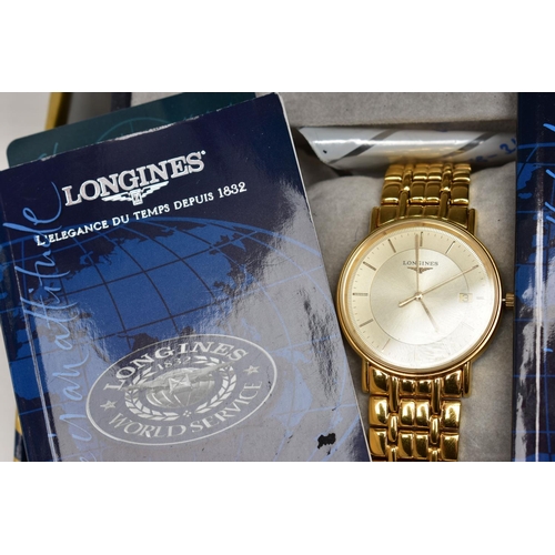 149 - A LADIES AND A GENTS 'LONGINES' WRISTWATCH, a gents quartz watch featuring a round gold dial signed ... 