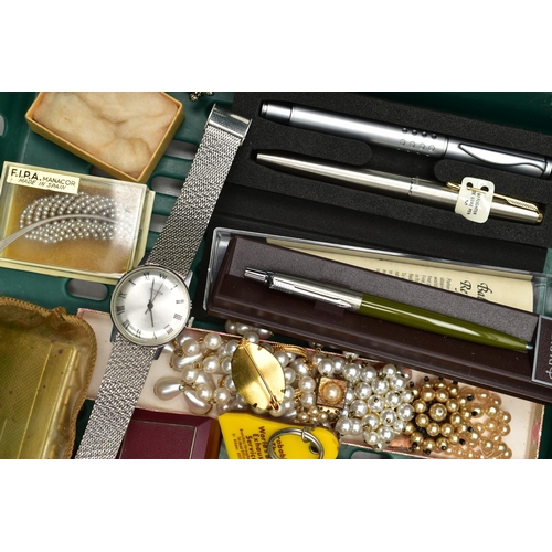 150 - A SELECTION OF PENS, A SEKONDA WRISTWATCH AND COSTUME JEWELLERY, to include a stainless steel 'Sekon... 