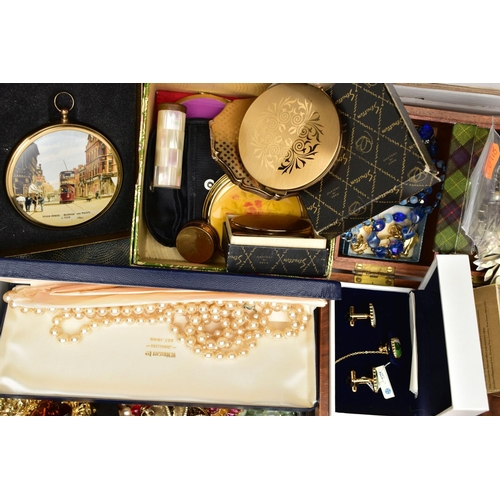 153 - A BOX OF ASSORTED COSTUME JEWELLERY AND ITEMS, to include a white metal paste set spray brooch unmar... 