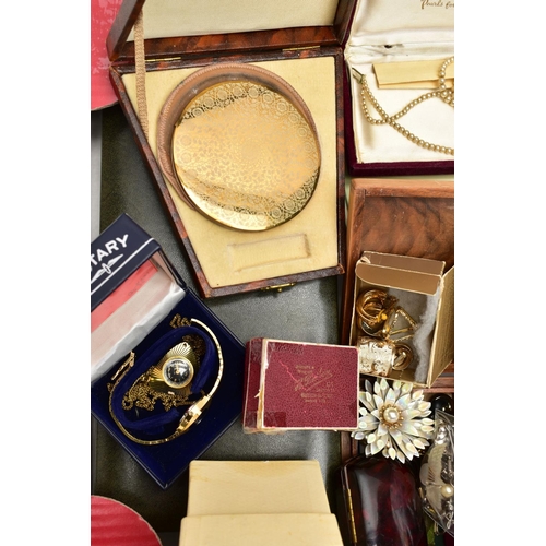 153 - A BOX OF ASSORTED COSTUME JEWELLERY AND ITEMS, to include a white metal paste set spray brooch unmar... 