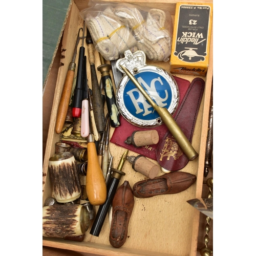 154 - A SELECTION OF WHITE METAL SUNDRIES, COSTUME JEWELLERY AND BENCH TOOLS, to include a pair of white m... 