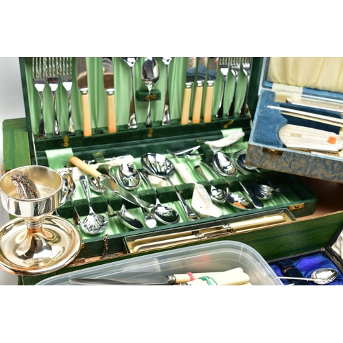 155 - A LARGE ASSORTMENT OF CUTLERY, CANTEENS, VANITY SET AND FURTHER ITEMS, to include three white metal ... 