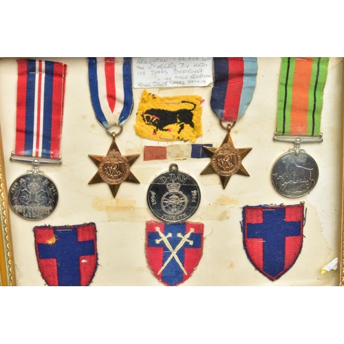 163 - GLAZED FRAME OF WW2 MEDALS, 1939-45, France & Germany Stars, Defence & War Medal, together with  fou... 