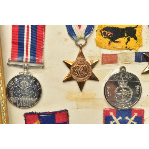 163 - GLAZED FRAME OF WW2 MEDALS, 1939-45, France & Germany Stars, Defence & War Medal, together with  fou... 