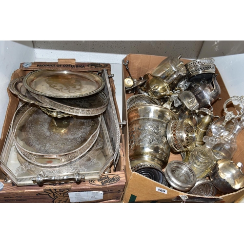 167 - TWO BOXES OF ASSORTED WHITE METAL TABLEWARE, to include a selection of white metal and plated servin... 