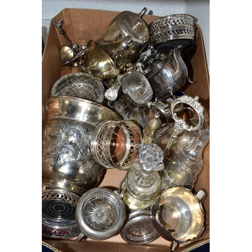 167 - TWO BOXES OF ASSORTED WHITE METAL TABLEWARE, to include a selection of white metal and plated servin... 