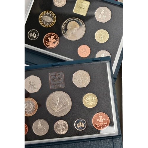 17 - A BOX COTAINING ROYAL MINT ELIZABETH II PROOF YEAR SETS, to include two sets of coins for each year ... 