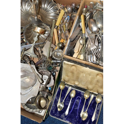 170 - TWO BOXES OF ASSORTED WHITE METAL WARE AND A BOX OF CUTLERY, to include various dishes, entree dishe... 